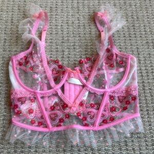For Love & Lemons Pink Floral Embroidered Sheer Bralette
